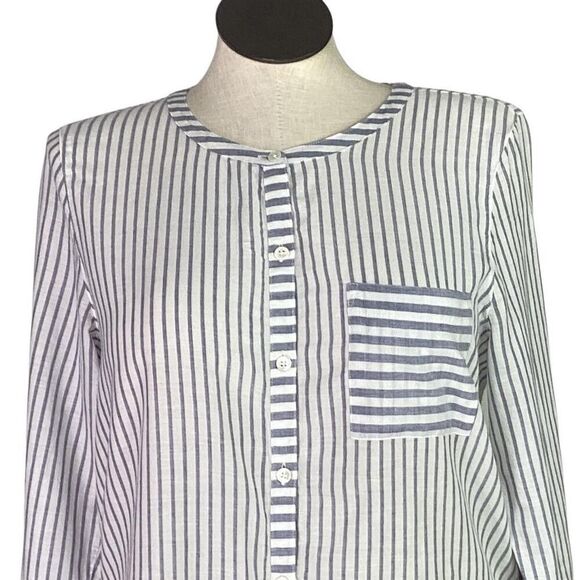 J Jill Fit Top Women L Gray White Cotton Stripe Roll Tab Sleeve High Low Tunic - Picture 2 of 11